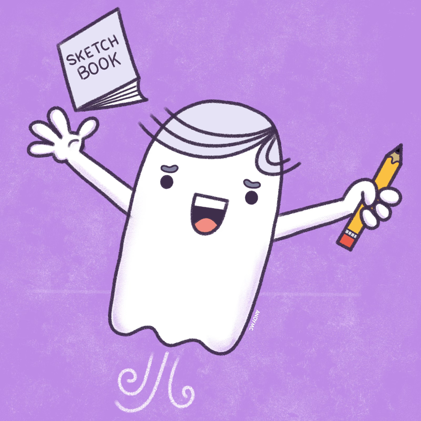 an illustration of a cartoon ghost with a pencil and sketchbook