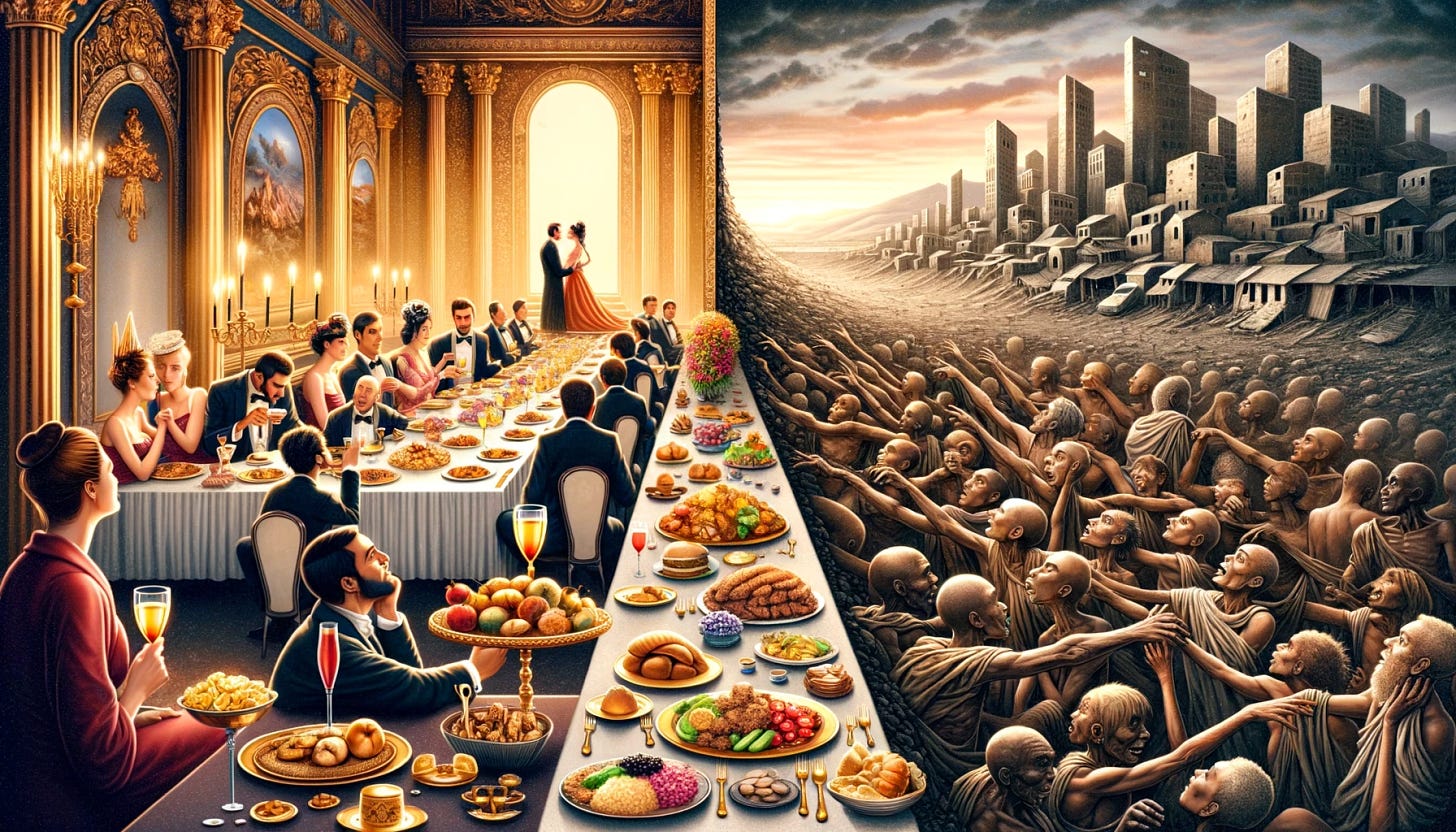 A thought-provoking image depicting wealth inequality. The scene is divided in two: on one side, there's a luxurious banquet with a few elegantly dressed individuals enjoying an abundance of food and drinks, set against a backdrop of opulence and wealth. This side should be richly detailed with gold cutlery, crystal glasses, and an array of gourmet foods. On the other side, a stark contrast is presented with a barren landscape where numerous people, wearing tattered clothing, reach out towards the luxurious side, their expressions filled with longing and despair. The divide between the two sides is emphasized by a clear, physical barrier that symbolizes the gap between the wealthy and the poor.