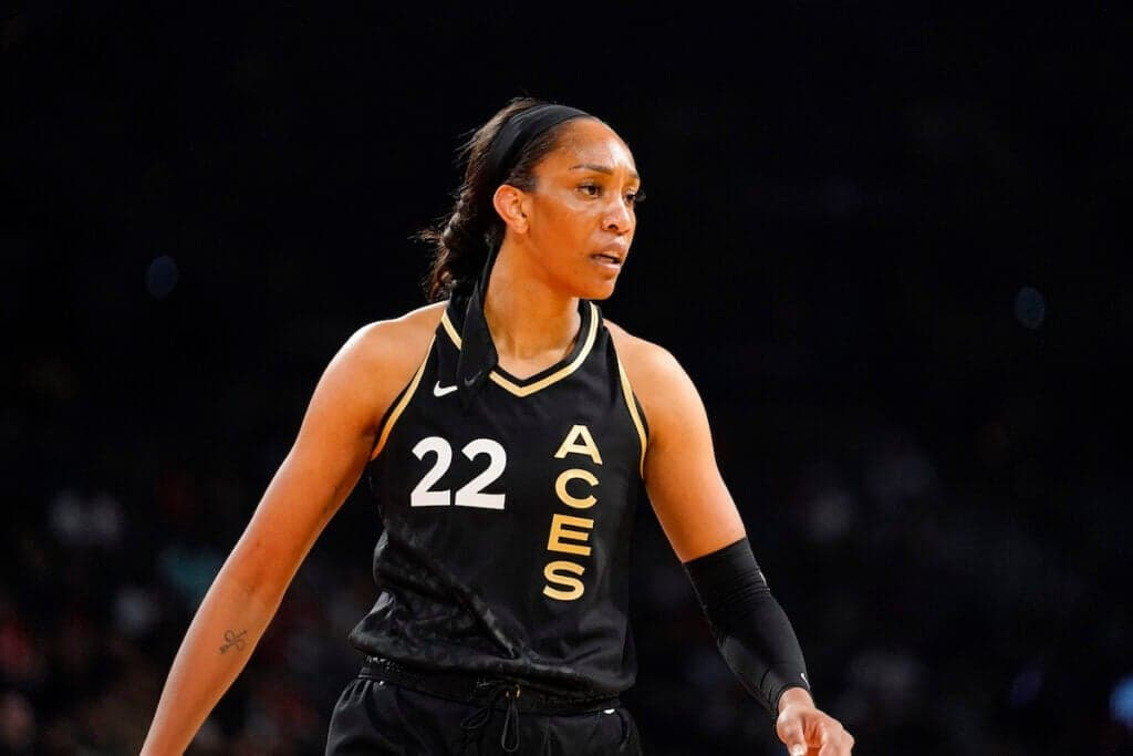 May 28, 2023; Las Vegas, Nevada, USA; Las Vegas Aces forward Aja Wilson (22) competes during the first quarter against the Minnesota Lynx at Michelob Ultra Arena. Mandatory Credit: Lucas Peltier-USA TODAY Sports