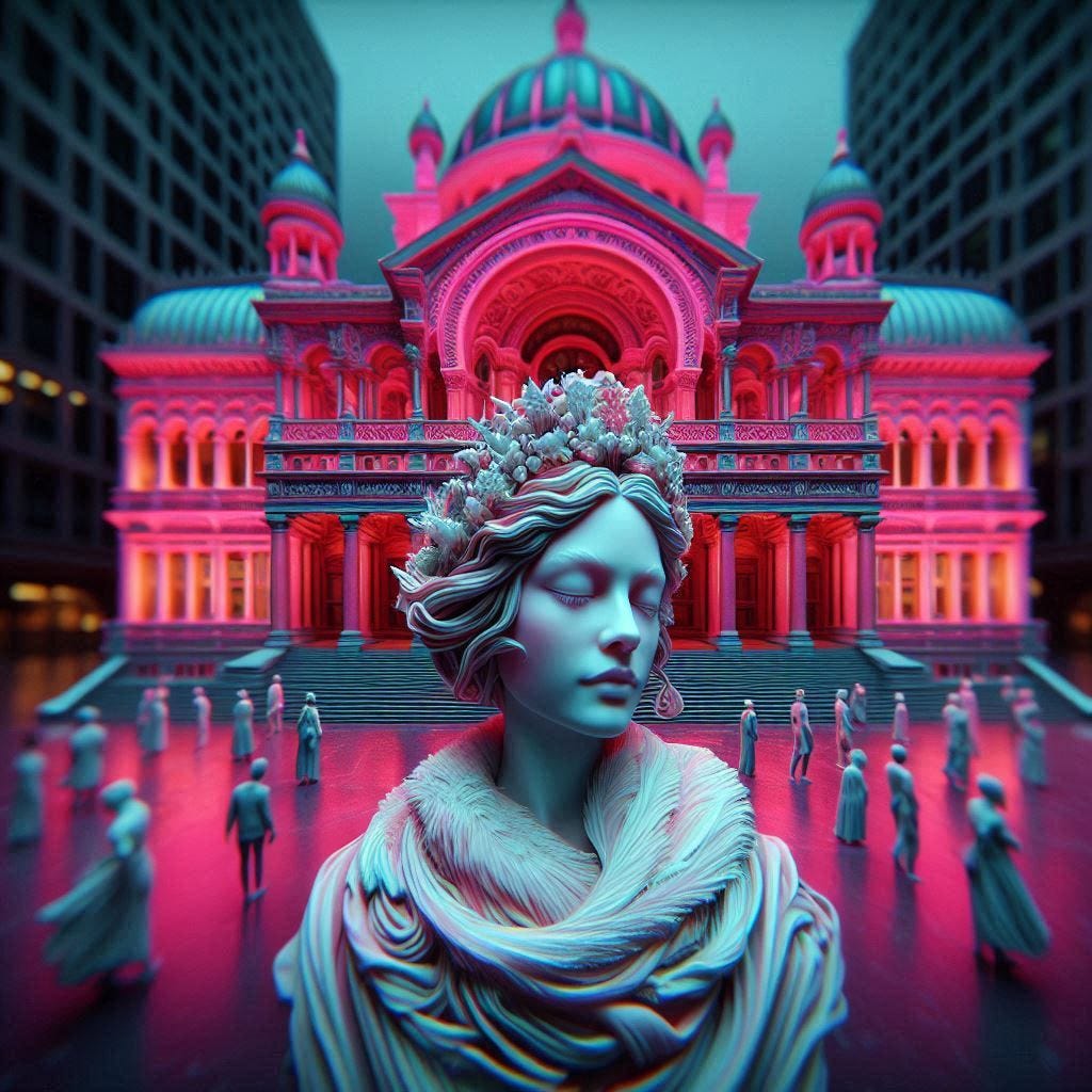 hyper realistic tiltshift 5d angle glass embedded RED Altgeld hall building with neon pink, tint of pink and cream, and olive oil in it / woman inside Altgeld hall in red,pink,midnightblue, white Victorian bust / white feather scarf/ psychadelic steampunk headdress/water in resin/soft, beautiful/ honey-wood and copper/ Marquetry, verdigris./ standing on stage/ people dancing in distance/ In the style of Michael Parkes. black etching/ black linework/ white tiger / black sky 