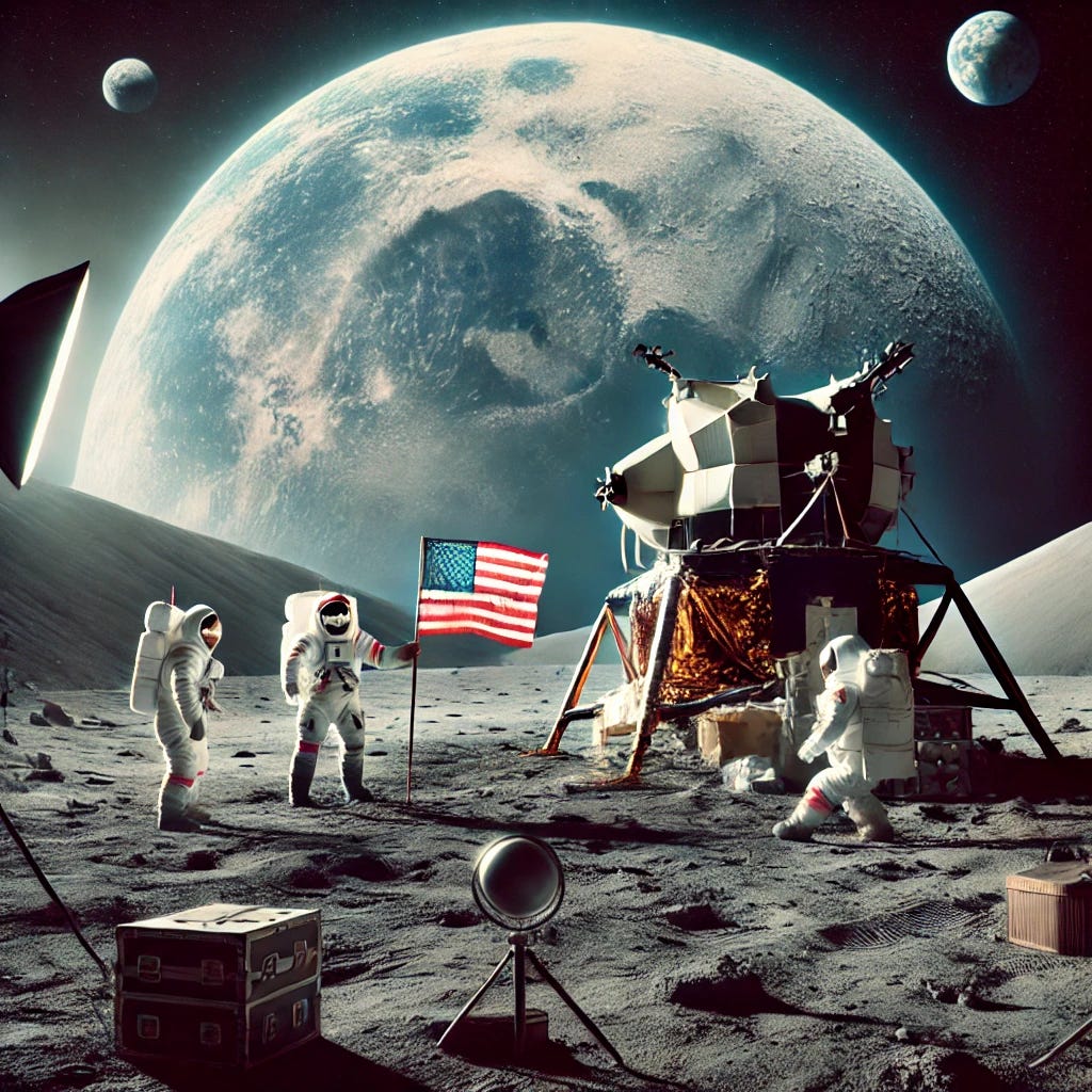 A surreal depiction of the Apollo 11 moon landing in 1969, showcasing the lunar module, astronauts, and the American flag on the Moon's surface, with an eerie, staged studio-like atmosphere blending seamlessly into the lunar landscape. The scene includes dramatic shadows, unusual lighting, and Earth visible in the background, creating a juxtaposition of authenticity and skepticism.