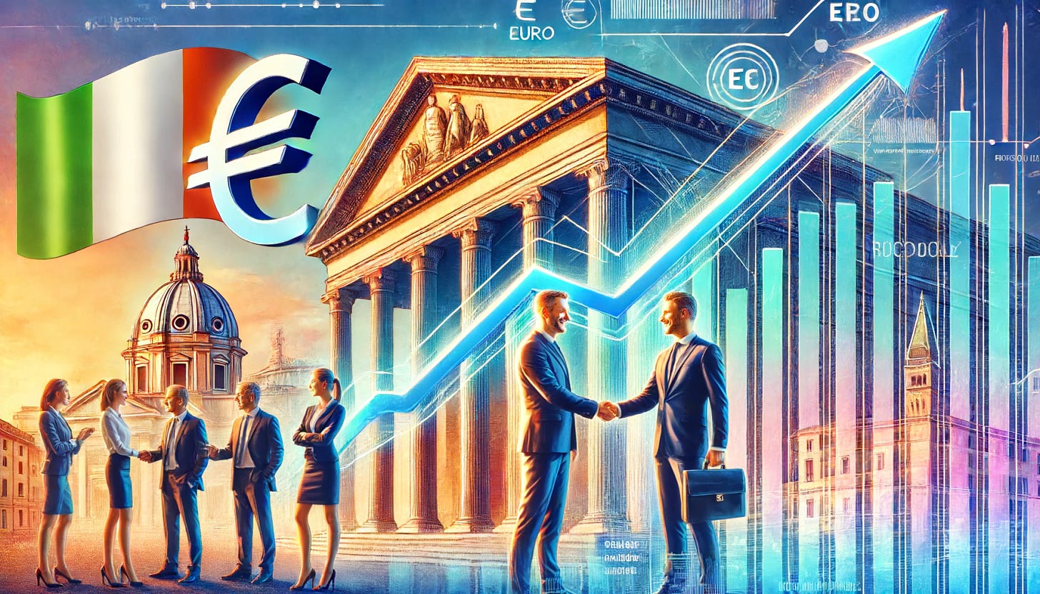 A vibrant horizontal image depicting the strength and profitability of Italian banks. Show a modern, sleek Italian bank building with a large Euro symbol and upward graph indicating growth and profitability. In the foreground, happy bank customers, a successful businessperson shaking hands with a banker, and a digital display showing positive financial data. The background should feature iconic Italian elements such as a hint of an ancient Roman building or a scenic Italian cityscape. The overall mood should be positive, professional, and prosperous.