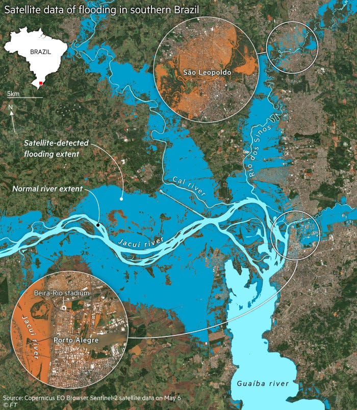 Map showing satellite data of flooding in the southern Brazilian state of Rio Grande do Sol.