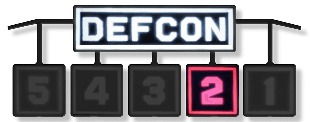 DEFCON sign with red 2 lit up, all other numbers inactive.