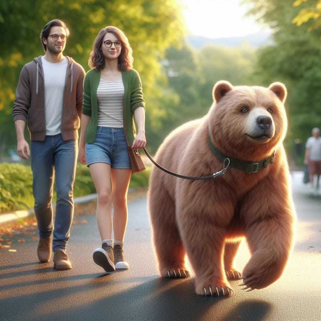 Taking the bear for a walk. Image by Bing.
