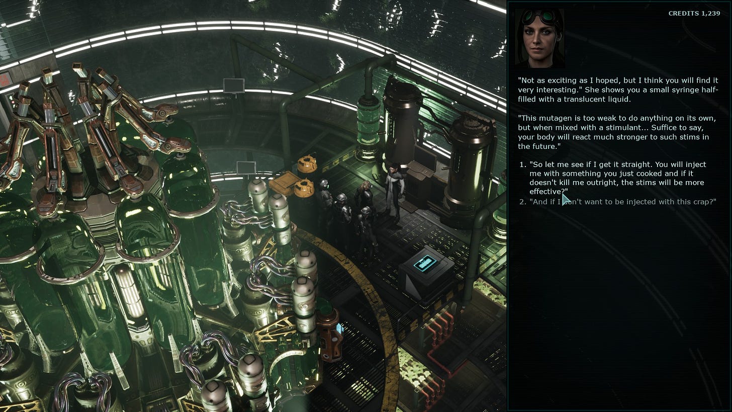 A screenshot of the game Colony Ship: A Post-Earth Role Playing Game, showing a lab environment to the left, and a dialogue with an NPC discussing an experimental mutation.