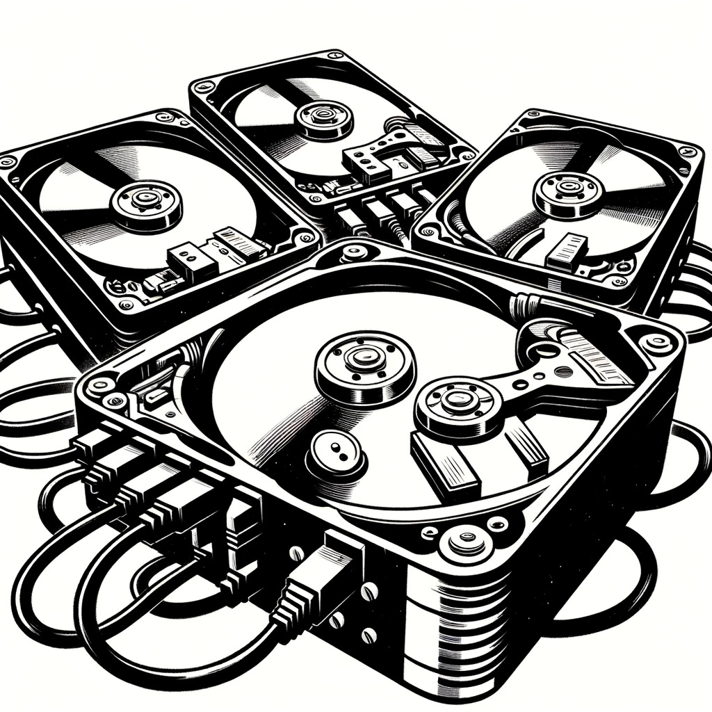 A cartoonish black and white drawing featuring five interconnected hard drives. Each hard drive is exaggerated in size and detail, reminiscent of vintage comic strip style, with bold lines and simple yet expressive designs. The hard drives are connected by thick, visible cables, emphasizing their interconnectedness. The overall composition is dynamic and playful, capturing the essence of early 20th-century cartoon illustrations.