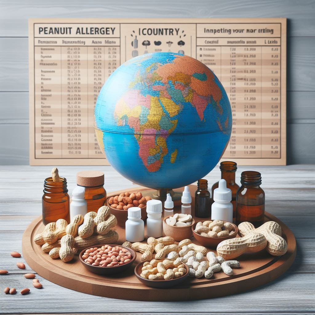 A table with the peanut allergy rate by country