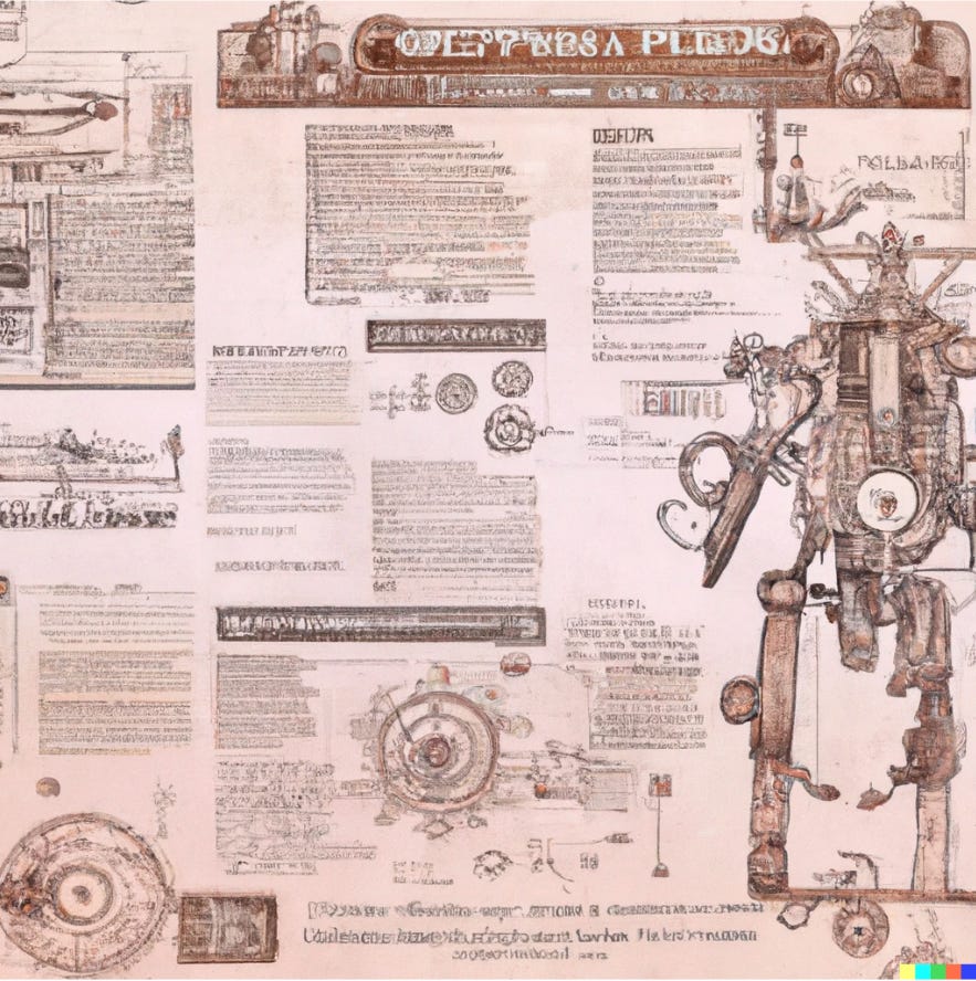 مخطوطة لتصميم أحد الروبوتات معمولة بالكثير من التفاصيل والنصوص