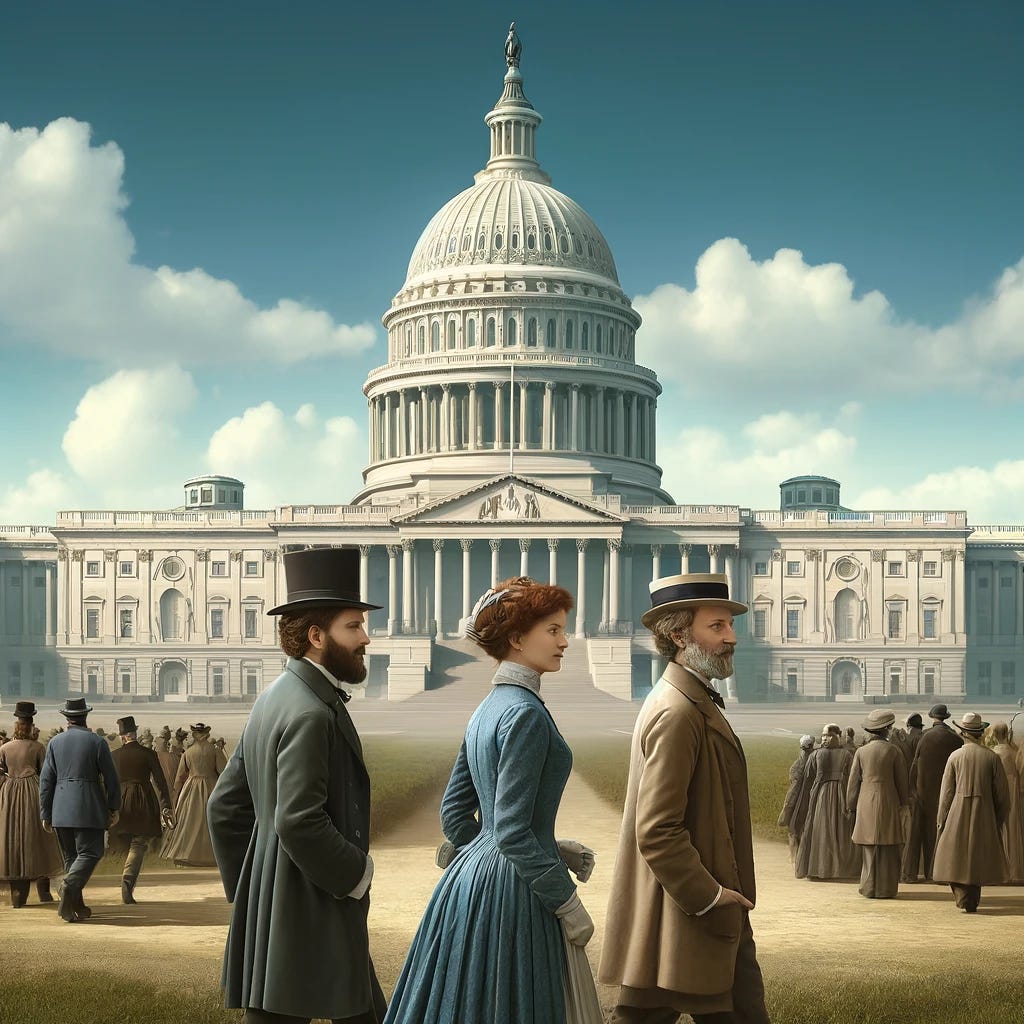 A more photo-realistic depiction of three scientists in 19th-century clothing walking towards the United States Capitol building. The Capitol is rendered with fine detail, featuring its iconic dome and neoclassical architecture. The scientists, diverse in gender and ethnicity, are portrayed in highly detailed and authentic 19th-century attire, suitable for scholars of that era. They are depicted walking side by side in a realistic environment, emphasizing a historical setting under a clear blue sky, with no modern elements present.