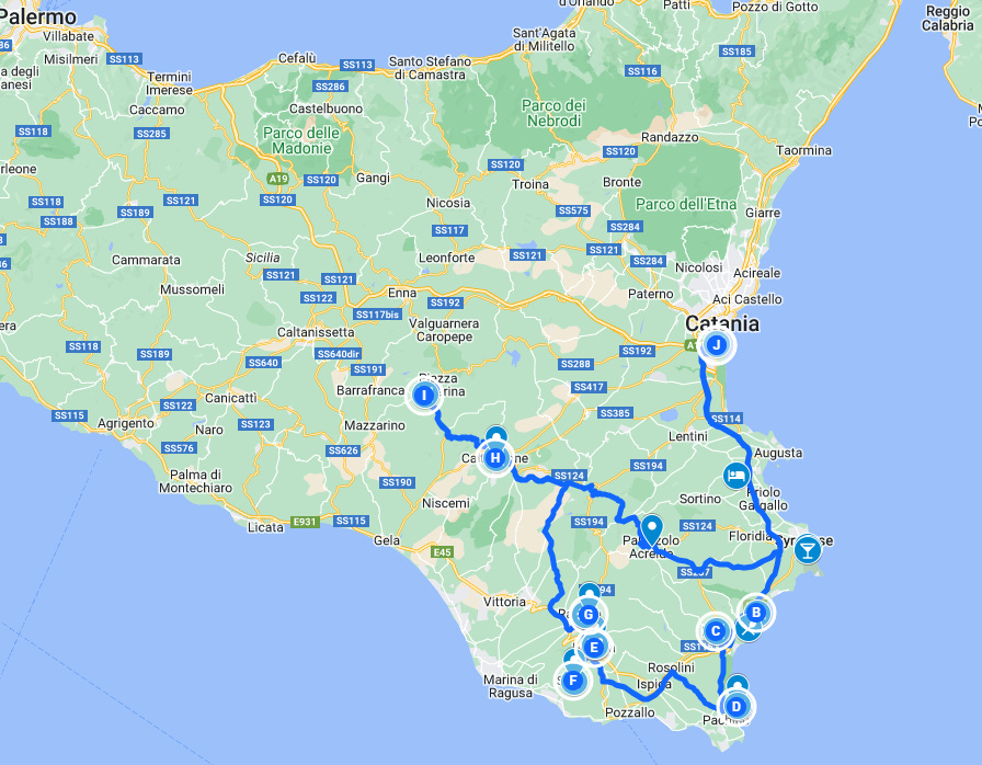 Map itinerary road trip sicily south-east