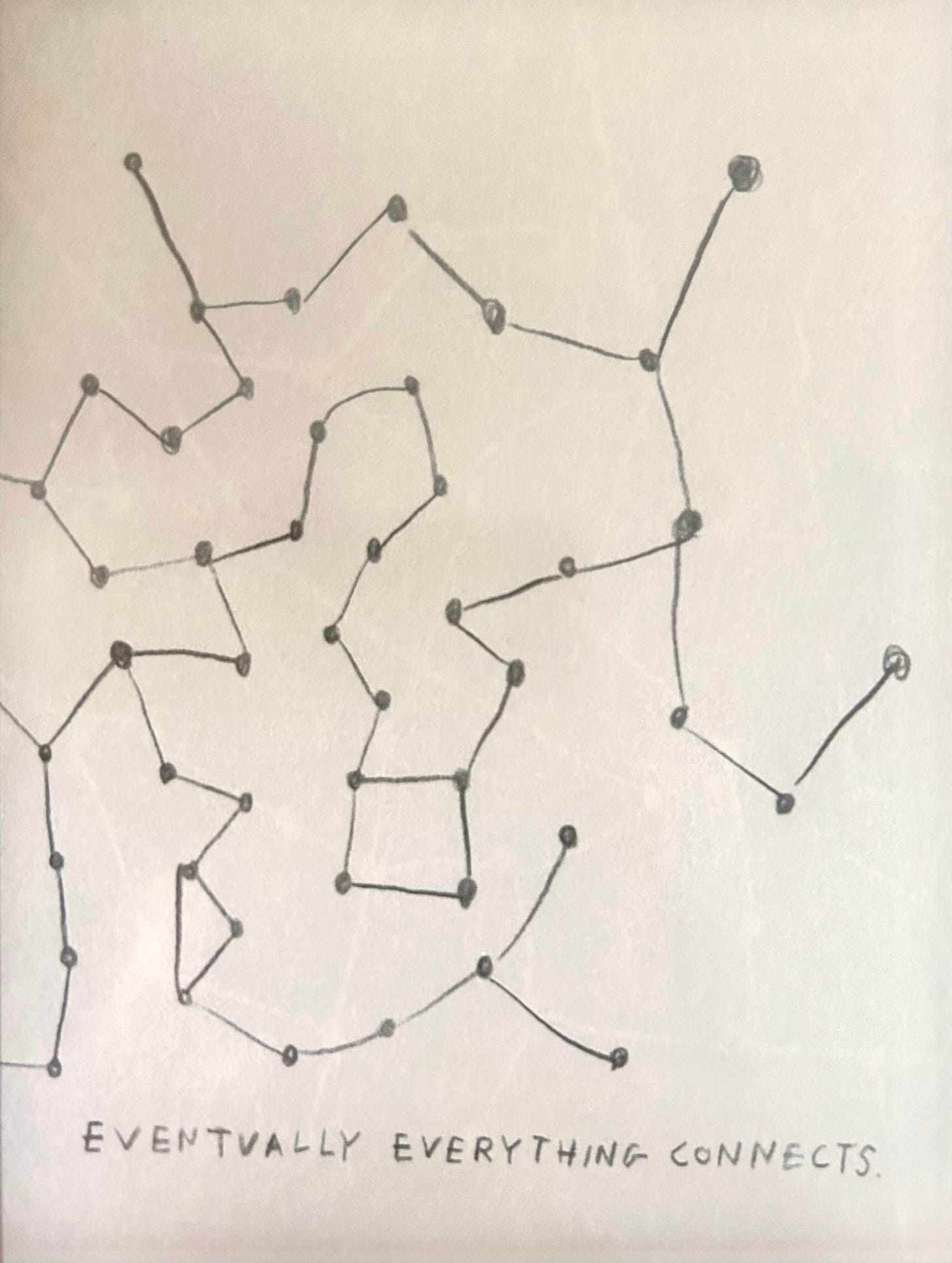 An image of a web of interconnected dots and a line that says, "eventually everything connects"