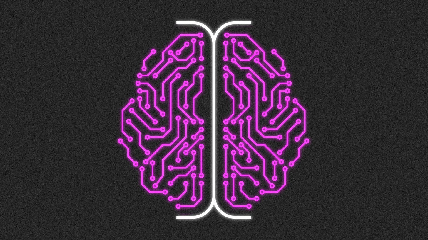 Illustration of a brain made up from a glowing white cursor in the center and a glowing circuit pattern on either side. 