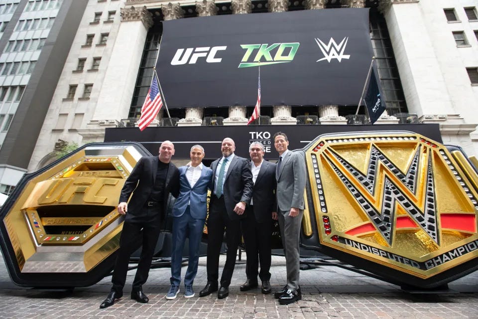 NEW YORK, NY: - SEPTEMBER 12, Dana White, CEO, UFC, Ariel Emanuel, CEO, TKO + Endeavor, Paul Levesque(Triple H), Chief Content Officer, WWE, Nick Khan, President, WWE and Mark Shapiro, President and COO, TKO + Endeavor pose for a photo during TKO Listing Day on September 12, 2023 at the New York Stock Exchange in New York City. NOTE TO USER: User expressly acknowledges and agrees that, by downloading and or using this photograph, User is consenting to the terms and conditions of the Getty Images License Agreement. Mandatory Copyright Notice: Copyright 2023 Zuffa LLC (Photo by Michelle Farsi/Zuffa LLC via Getty Images)