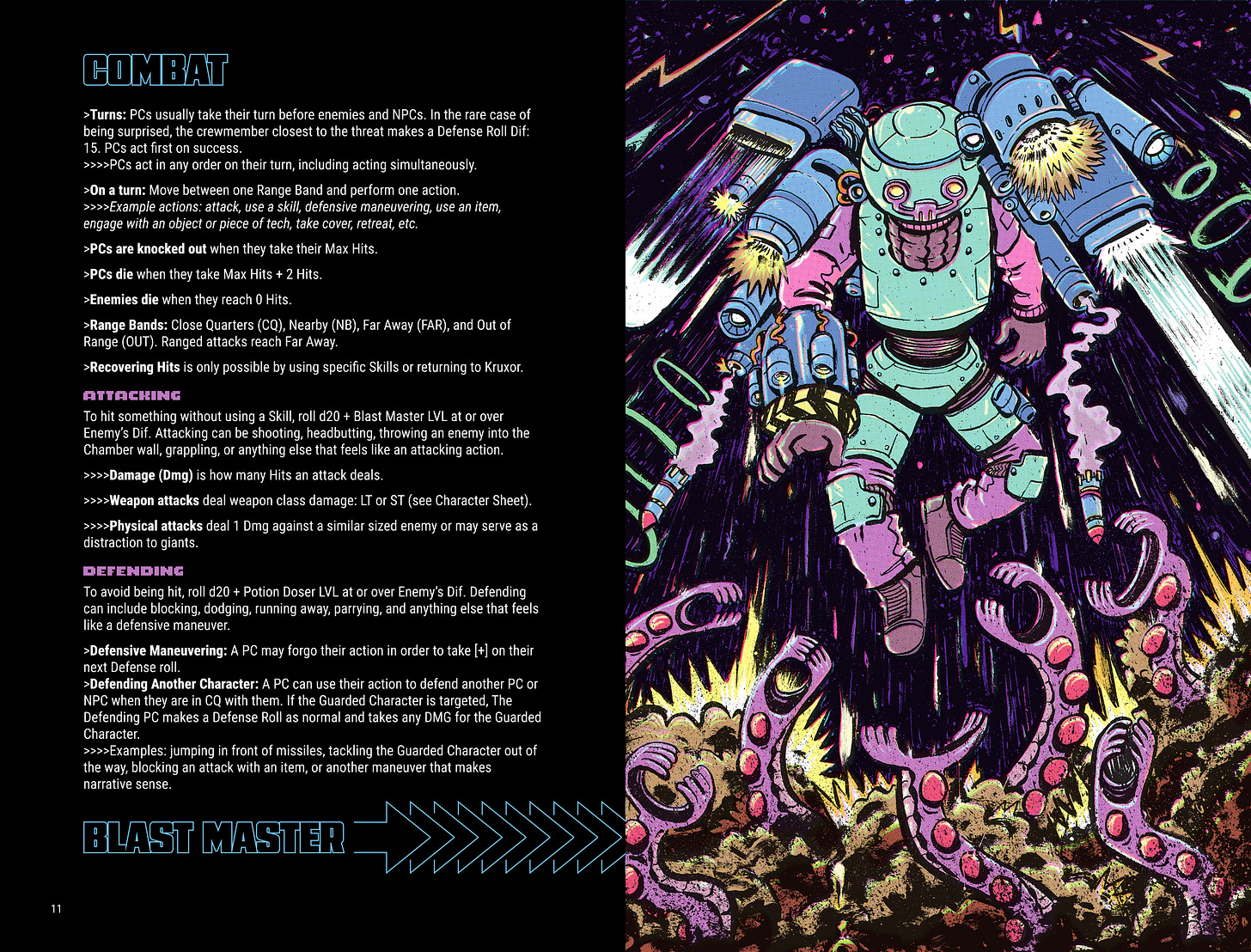 Combat spread. Rules on one side, and a psychedelic space art character portrait fo the Blast Master fighting alien eels.