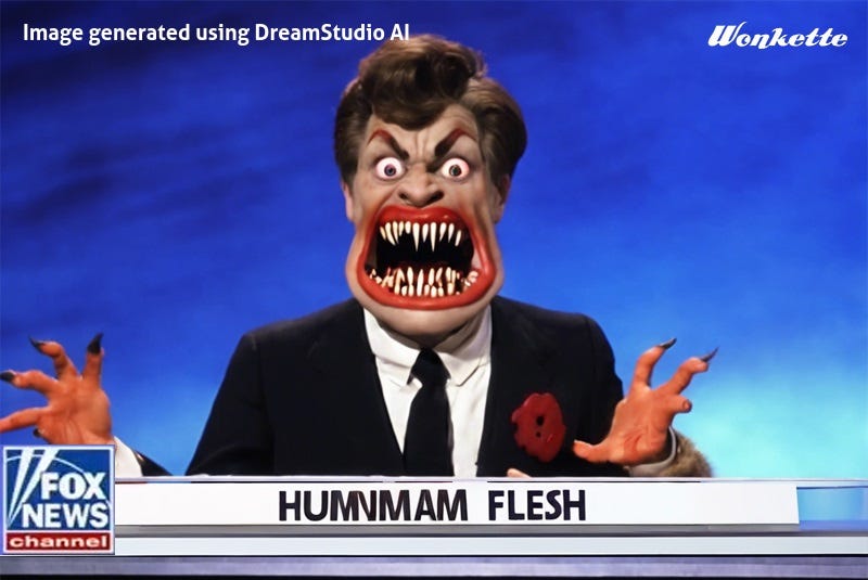 An AI-transformed image of Jesse Watters depicts him as a bulge-eyed humanoid monster with sharp claws and a mouth full of long pointy teeth, like an anglerfish’s. An AI-generated chyron added in from a separate run appears to read ‘HUMNMAN FLESH,’ but the m’s and n in the middle are blurred together. I also photoshopped in the Fox News logo. 