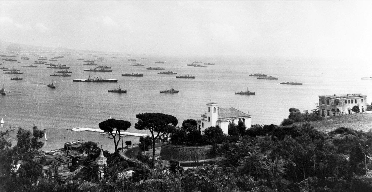Allied ships are pictured off the coast of Southern France.  