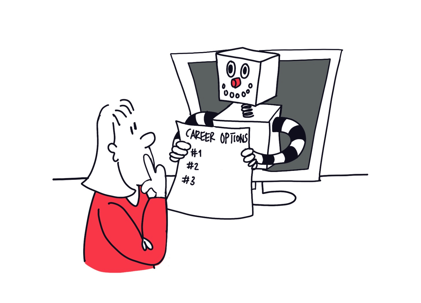 Drawing of robot leaning out of computer screen with piece of paper with Career Options