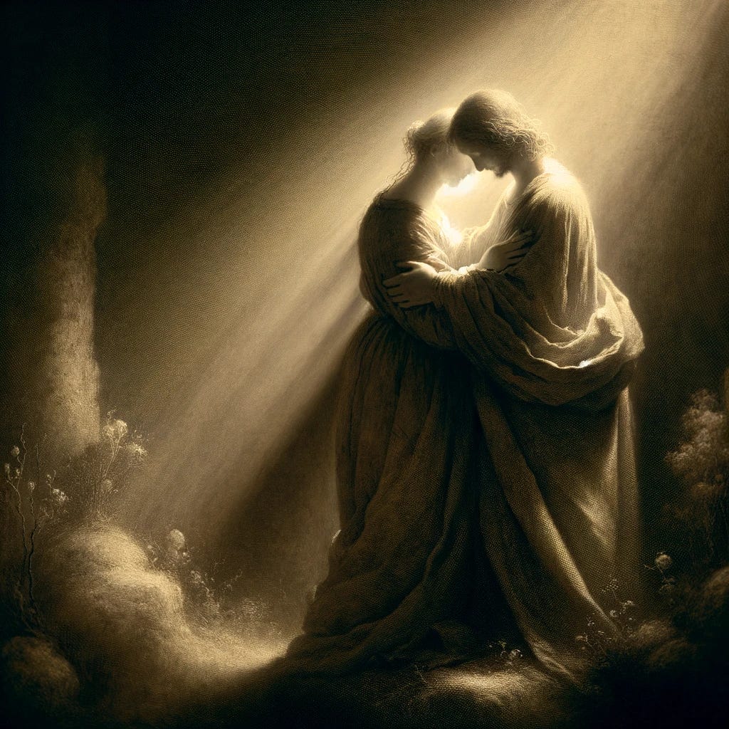 In the style of Rembrandt, depict a scene symbolizing the sacred communion of marriage. The image features two figures, their forms subtly blending into one another, symbolizing the weaving of souls into a harmonious tapestry. The setting is serene and intimate, with soft, focused lighting highlighting the gentle embrace and connectedness of the couple. The background is understated, allowing the figures to dominate the composition and emphasizing the theme of ego diminution in the unity of marriage.