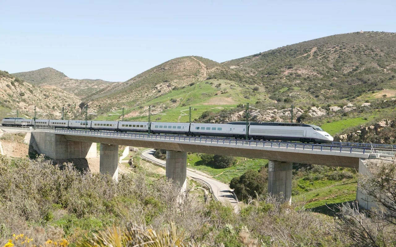 A high-speed train crossing countryside
