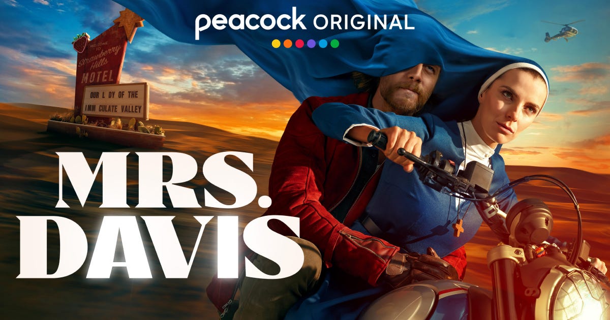 Mrs. Davis promotional image with a nun and a guy on a motorbike