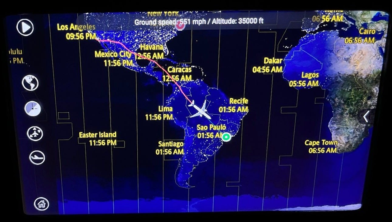 Tracking my flight-pic of the map screen showing the plane en route from LA to São Paulo as it flew over the Amazon.