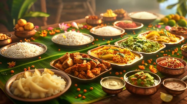 Vishu Sadya feast table filled with traditional dishes on a banana leaf South  India AI Generated | Premium AI-generated image