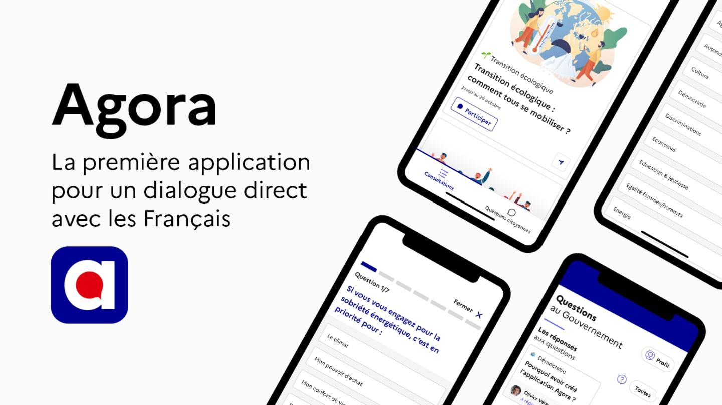 Visualisation de l'application Agora et son logo.