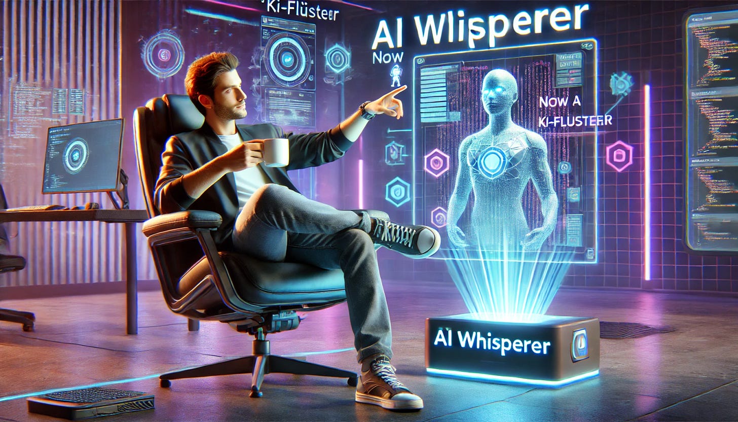 A futuristic, cyberpunk-inspired scene featuring a cool, confident developer, now a 'KI-Flüsterer' (AI Whisperer). He is casually leaning back in a high-tech chair, sipping coffee while interacting with a floating, holographic AI interface. The AI interface is covered with dynamic, responsive code blocks, which change in real-time as the developer fine-tunes prompts with hand gestures. The background has a neon-lit, high-tech aesthetic with glowing elements in blue, purple, and pink tones. The mood is sleek, modern, and slightly humorous, emphasizing the shift from traditional coding to AI-driven development.