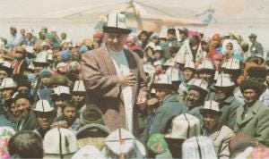 The Ismaili Imam, Shah Karim al-Husayni Aga Khan IV, gives didar to his murids in Tajikistan 1995.