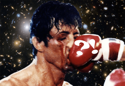 Rocky being punched in the face by a glove with punctuation marks on it