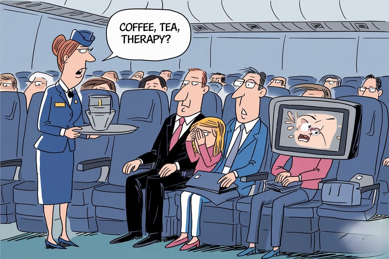 Cartoon illustration: A flight attendant with a tray stands next to a family with their kid sitting in their airplane seats among rows of other passengers. The flight attendant says: "Coffee, tea, therapy?" The parents are staring in horror at the screen on the seat in front of them. The daughter is covering her eyes from the inappropriate movie.