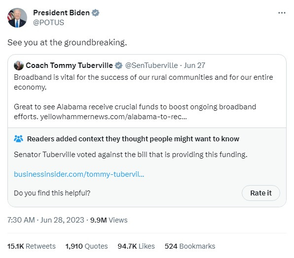 Tommy Tuberville brags up broadband spending he voted against; retweeted by Joe Biden with "See you at the groundbreaking"