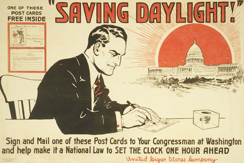 Poster showing a man writing a postcard with the U.S. Capitol in the background.