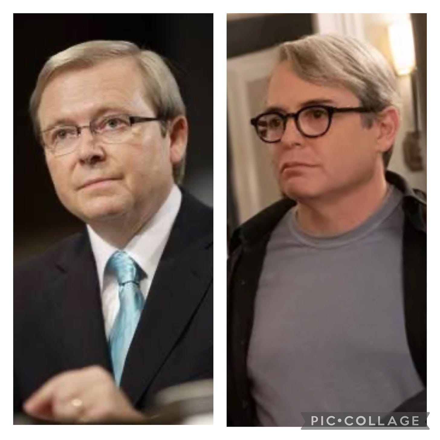 Photo of two round faced men with straight grey hair and glasses; one is Kevin Rudd, the other is Matthew Broderick