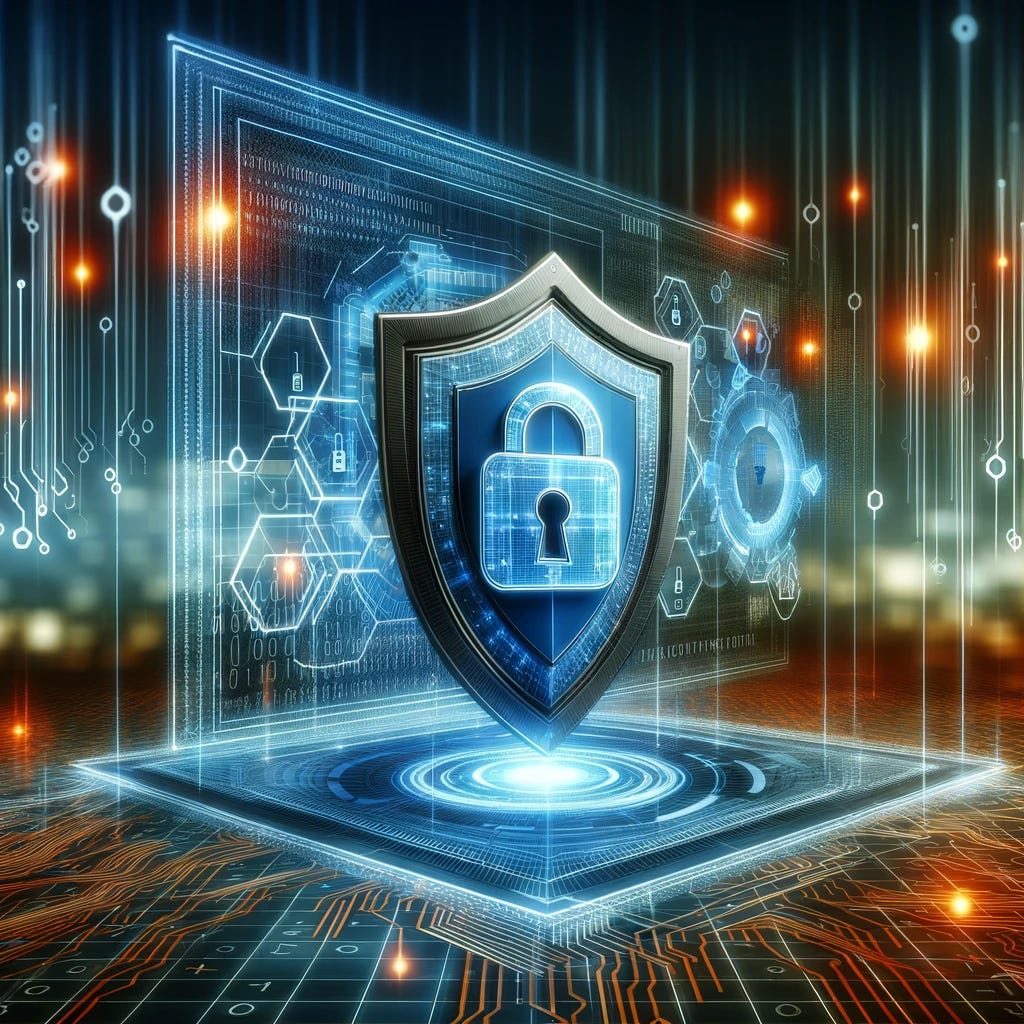 An engaging and visually appealing image for a cybersecurity newsletter. The image should depict a digital landscape with a strong focus on cybersecurity themes. It should include elements like a shield representing protection, a lock symbolizing security, and digital elements like binary code or circuitry in the background, suggesting a high-tech environment. The overall feel should be modern and professional, resonating with the theme of cybersecurity awareness and defense.