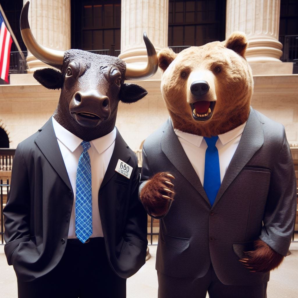 A more realistic bull and a bear in suits at the NYSE