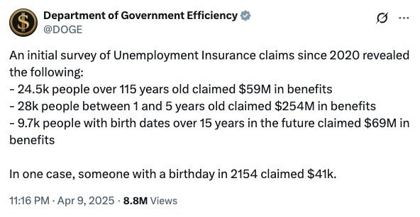 DOGE claimed that the department found hundreds of millions of dollars in fraudulent unemployment claims.