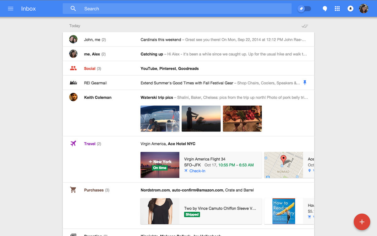 A screenshot of Google Inbox, in a single column view.  It shows emails grouped under a "Today" heading, with image thumbnails, flight info and purchase thumbnails shown inline.