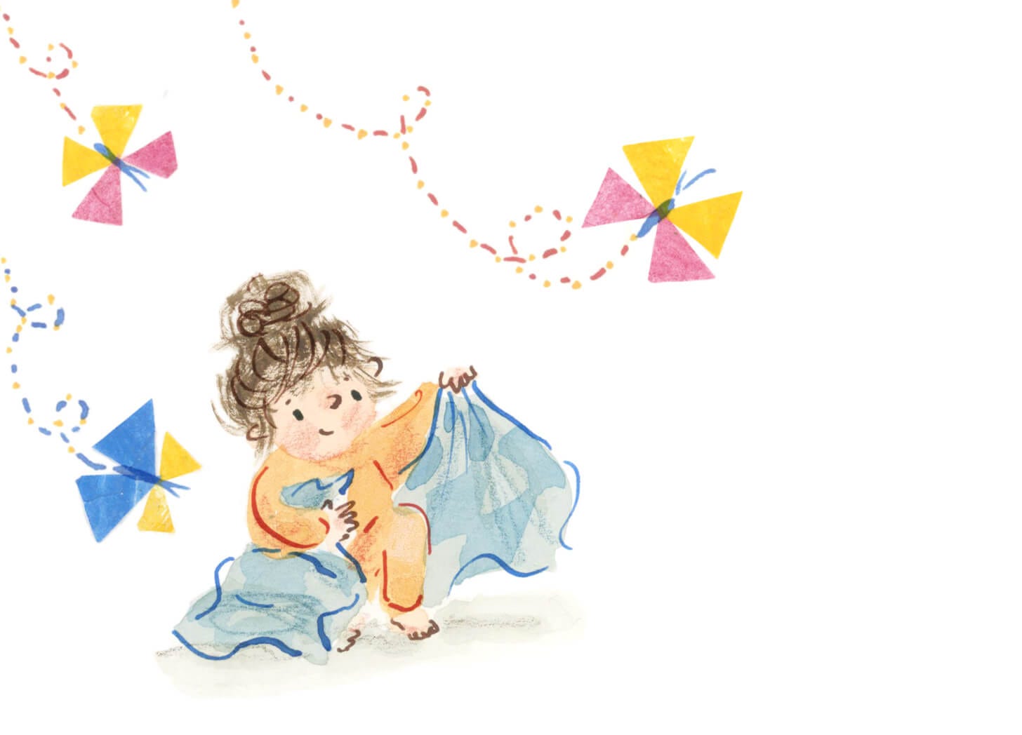 young caucasian girl getting up holding blanket as three big collage butterflies fly past. Illustration by Nanette Regan