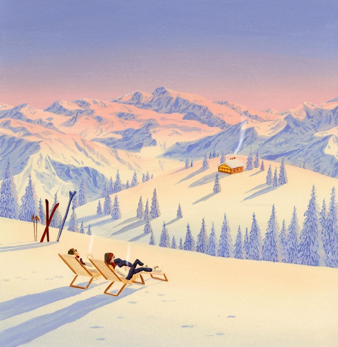Illustration d'une montagne enneigée avec deux personnages allongés sur un transat au premier plan.
