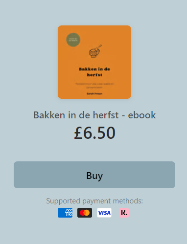 image used as buy button for Dutch version ebook; blue background, orange book cover image, book title, price of £6.5, buy button in other shade of blue and payment methods; cards, klarna