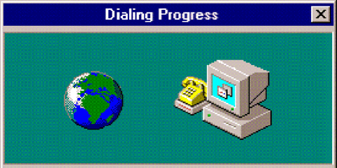 An animated GIF of an old computer window showing "Dialing Progress" for an internet connection