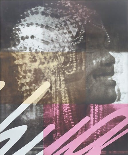 A black woman is seen smiling and looking to her right. She is wearing a sequined wrap on her head, with rhinestones coming off of it, and there is some white and pink lettering that spells Shug below her. A black woman is seen smiling and looking to her right. She is wearing a sequined wrap on her head, with rhinestones coming off of it, and there is some white and pink lettering that spells Shug below her.