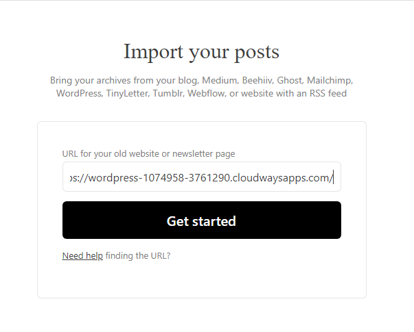 Enter WP URL in Substack Import Posts