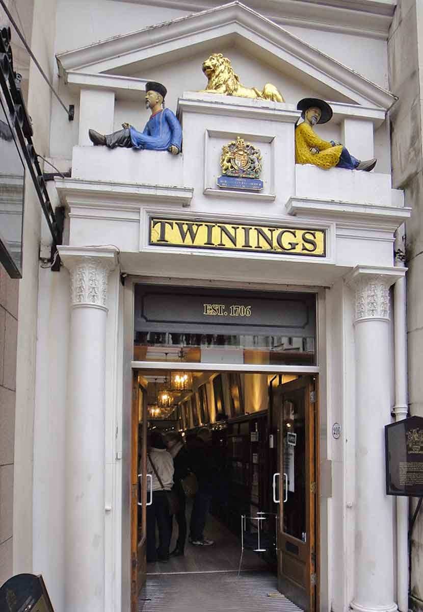 Twinings tea shop established 1707, respected purveyor of dry tea since 1717. Note the two Chinese men and the golden British lion that adorn the entrance