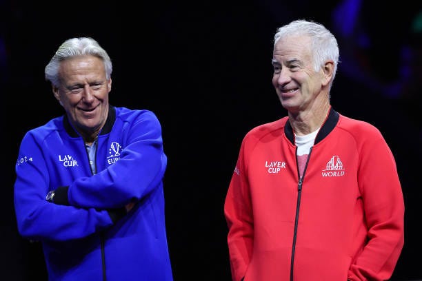 Team Europe's captain Bjorn Borg and Team World's captain John McEnroe react during the 2024 Laver Cup tennis tournament in Berlin, Germany on...