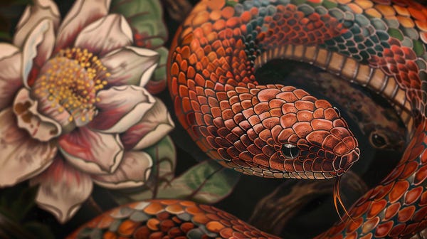 A vibrant color red snake tattoo with flowers, inked on thigh.