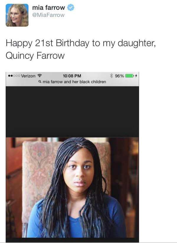In commemoration of the new doc, here's Mia Farrow resorting to googling  'mia farrow and her black daughter' to wish her a happy birthday and  forgetting to crop out the search :