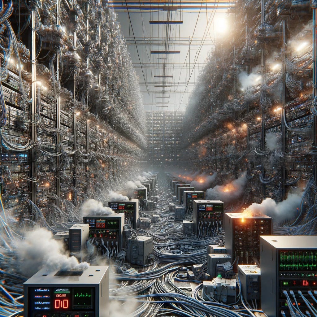 An overcrowded landscape filled with massive, tightly packed data centers, extending as far as the eye can see. The environment is choked with cables and hardware, showing signs of strain under the massive energy consumption required to power these AI-driven facilities. Energy meters spike to critical levels, illustrating the soaring energy use. Smoke rises from overworked systems, and warning lights flash across control panels, indicating the unsustainable pace of AI growth. The atmosphere is tense, highlighting the pressing challenge of finding enough space and energy to support the exponential growth of AI technology.